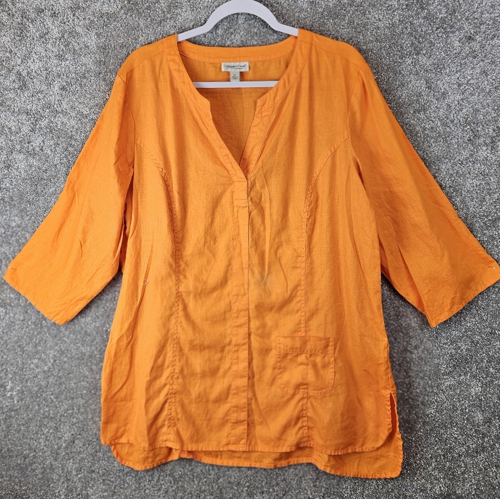 Coldwater Creek Tunic XL Orange Linen Hippie Minimalist Art Lagenlook Boho